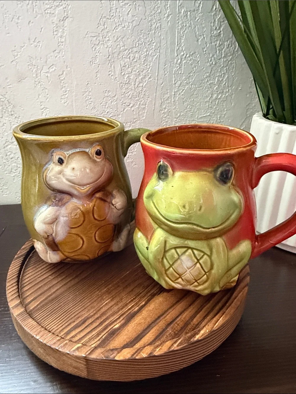 Turtle and Frog Ceramic Vases in Green and Red-Orange